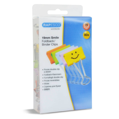 Artikelbild für 80 RAPESCO® Foldbackklammern Smiles farbsortiert 1,9 cm, Artikelnummer 475323