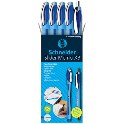 Artikelbild 2 für AKTION: Schneider Kugelschreiber Slider Memo hellblau/dunkelblau, Schreibfarbe: blau, 4 St. + GRATIS Schneider Kugelschreiber Slider Rave XB blau, Artikelnummer 420093