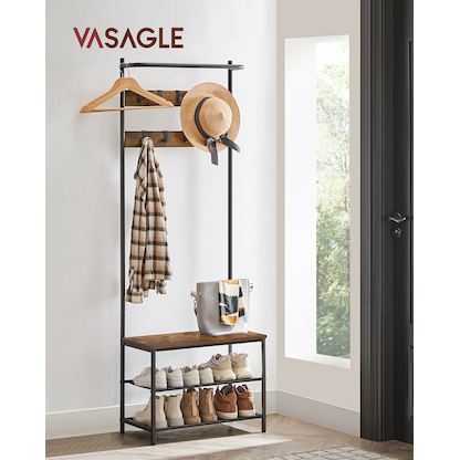 Artikelbild 5 für VASAGLE Garderobenbank mit Haken und Schuhrost HSR411B01 braun, schwarz Metall 64,0 cm, Artikelnummer 438639