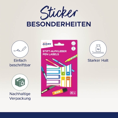 Artikelbild 5 für AVERY Zweckform Stiftetiketten Gesichter, farblich sortiert 50,0 x 10,0 mm, 30 Etiketten, Artikelnummer 588127