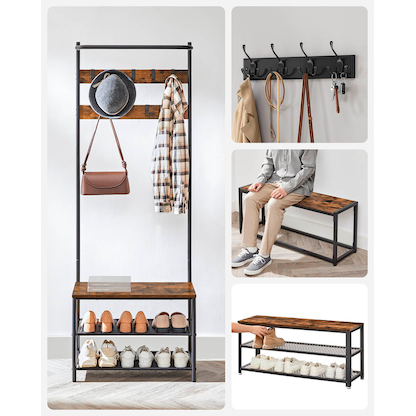 Artikelbild 4 für VASAGLE Garderobenbank mit Haken und Schuhrost HSR411B01 braun, schwarz Metall 64,0 cm, Artikelnummer 438639