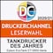 Siegel „Tankdrucker des Jahres“ der Druckerchannel-Leserwahl 2020/2021 für Epson EcoTank ET-5800-Serie.