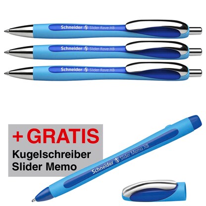 Artikelbild 17 für AKTION: Schneider Kugelschreiber Slider Rave XB hellblau/dunkelblau, Schreibfarbe: blau, 3 St. + GRATIS Schneider Kugelschreiber Slider Memo XB, Artikelnummer 888592