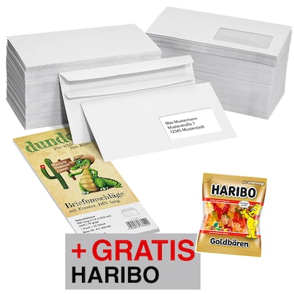 Artikelbild 3 für AKTION: dundee Briefumschläge DIN lang mit Fenster weiß selbstklebend 6x 25 St. + GRATIS HARIBO Goldbären Fruchtgummi 100,0 g, Artikelnummer 602171