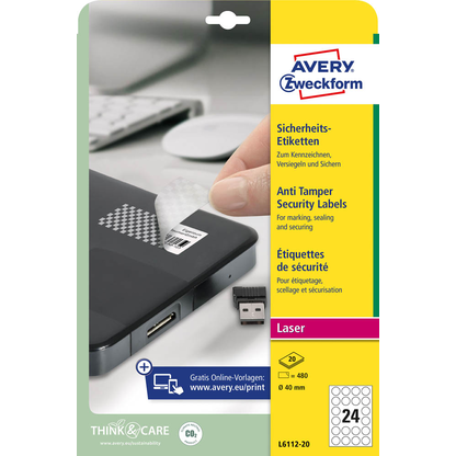 Artikelbild 2 für 480 AVERY Zweckform Sicherheitsetiketten L6112-20 weiß 40,0 x 40,0 mm, Artikelnummer 896894