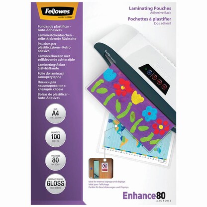 Artikelbild 5 für 100 Fellowes Enhance80 Laminierfolien glänzend für A4 80 micron selbstklebender Rücken, Artikelnummer 210880