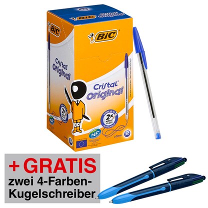 Artikelbild 16 für AKTION: BIC Kugelschreiber Cristal transparent, Schreibfarbe: blau, 50 St. + GRATIS 2x BIC 4-Farben-Kugelschreiber 4-Colours Smooth blau/hellblau, Schreibfarbe: schwarz, blau, rot, grün, Artikelnummer 719129