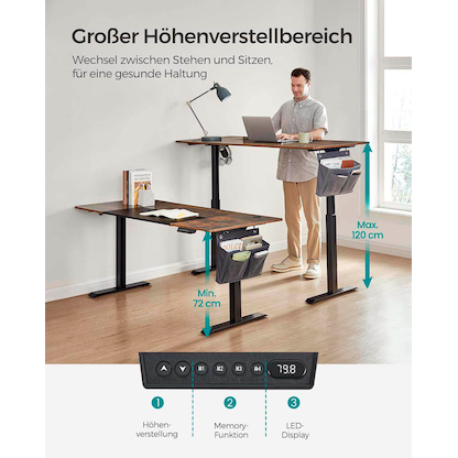 Artikelbild 5 für SONGMICS elektrisch höhenverstellbarer Schreibtisch braun rechteckig, C-Fuß-Gestell schwarz 160,0 x 60,0 cm, Artikelnummer 290987