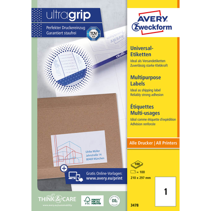 Artikelbild 2 für 100 AVERY Zweckform Etiketten 3478 weiß 210,0 x 297,0 mm, Artikelnummer 647651