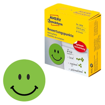 Artikelbild für AVERY Zweckform Bewertungspunkte 3858 Gesicht, grün, 250 Etiketten, Artikelnummer 211617