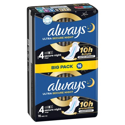 Artikelbild 13 für always Binden Ultra Secure Night mit Flügeln für Frauen, 16 St., Artikelnummer 585439