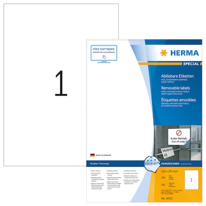 Artikelbild für 100 HERMA Etiketten 10315 weiß 210,0 x 297,0 mm, Artikelnummer 898171