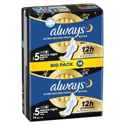 Artikelbild 11 für always Binden Ultra Secure Night Extra mit Flügeln für Frauen, 14 St., Artikelnummer 585446
