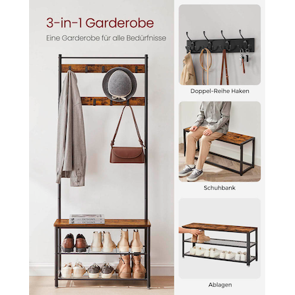 Artikelbild 4 für VASAGLE Garderobenbank mit Haken und Schuhrost HSR41BX braun, schwarz Metall 70,0 cm, Artikelnummer 263036