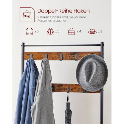 Artikelbild 5 für VASAGLE Garderobenbank mit Haken und Schuhrost HSR41BX braun, schwarz Metall 70,0 cm, Artikelnummer 263036