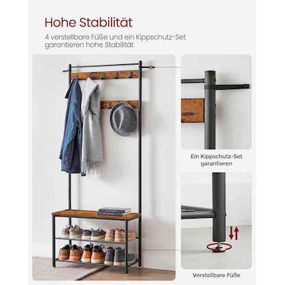 Artikelbild 6 für VASAGLE Garderobenbank mit Haken und Schuhrost HSR41BX braun, schwarz Metall 70,0 cm, Artikelnummer 263036