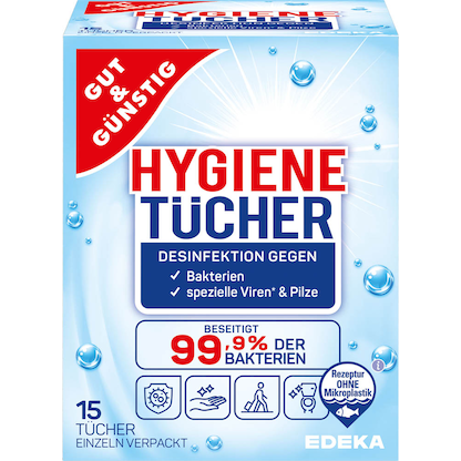 Artikelbild für GUT&GÜNSTIG Desinfektionstücher 1-lagig weiß, 15 Tücher, Artikelnummer 987988