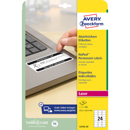 Artikelbild 2 für 480 AVERY Zweckform abziehsichere Folienetiketten L6146-20 weiß 63,5 x 33,9 mm, Artikelnummer 896936