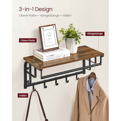 Artikelbild 4 für VASAGLE Wandgarderobe LCR12BX braun Metall 5 Haken 66,0 x 27,0 cm, Artikelnummer 262356