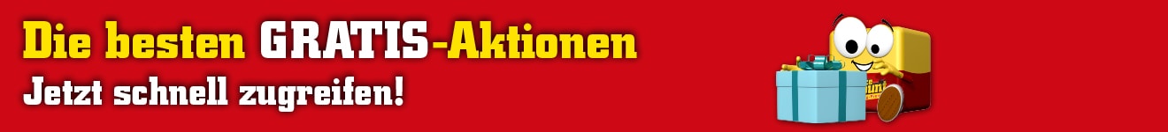 Banner mit Text 'Die besten GRATIS-Aktionen Jetzt schnell zugreifen!' auf rotem Hintergrund mit einer gelben Cartoonfigur neben einem Einkaufswagen