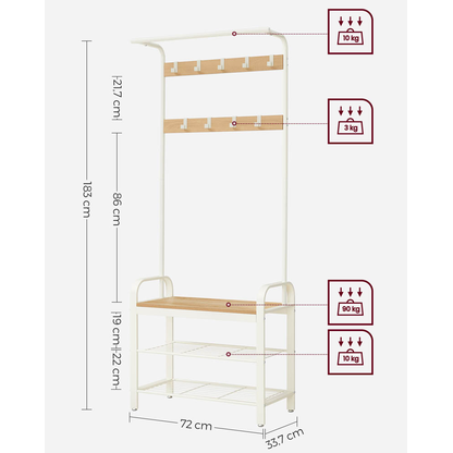Artikelbild 2 für VASAGLE Garderobenbank mit Haken und Schuhrost HSR40W weiß Holz 72,0 cm, Artikelnummer 439848