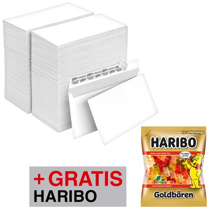 Artikelbild für AKTION: office discount Briefumschläge DIN lang ohne Fenster weiß haftklebend 2x 500 St. + GRATIS Haribo Goldbären 100g, Artikelnummer 663819
