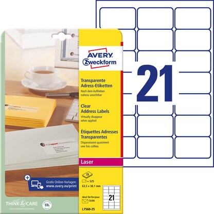 Artikelbild 7 für 525 AVERY Zweckform Folien-Adressetiketten L7560-25 transparent 63,5 x 38,1 mm, Artikelnummer 345462