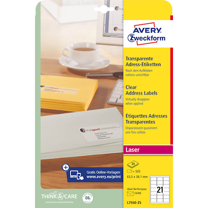Artikelbild 6 für 525 AVERY Zweckform Folien-Adressetiketten L7560-25 transparent 63,5 x 38,1 mm, Artikelnummer 345462