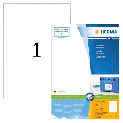 Artikelbild für 100 HERMA Etiketten 4428 weiß 210,0 x 297,0 mm, Artikelnummer 529040