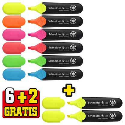 Artikelbild für 6 + 2 GRATIS: Schneider Job Textmarker farbsortiert, 6 St. + GRATIS 2 St., Artikelnummer 322079