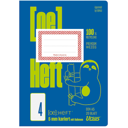 Artikelbild 2 für Ursus Schulheft OE Recycling Lineatur 4 kariert DIN A5 Rand rundum, 20 Blatt, Artikelnummer 515171