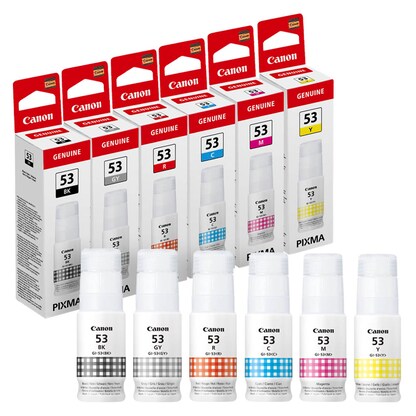 Artikelbild 19 für Canon GI-53 BK/C/M/Y/R/G schwarz, cyan, magenta, gelb, rot, grau Tintenflaschen, 6er-Set, Artikelnummer 876534