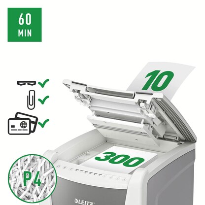 Artikelbild 13 für AKTION: LEITZ IQ Autofeed Small Office 300 Aktenvernichter mit Partikelschnitt P-4, 4 x 26 mm, bis 300 Blatt, weiß mit 75 Euro CashBack, Artikelnummer 267324
