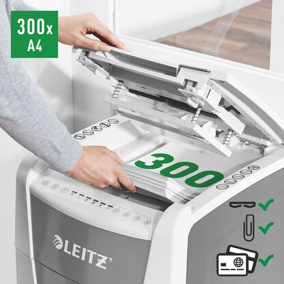 Artikelbild 12 für AKTION: LEITZ IQ Autofeed Small Office 300 Aktenvernichter mit Partikelschnitt P-4, 4 x 26 mm, bis 300 Blatt, weiß mit 75 Euro CashBack, Artikelnummer 267324