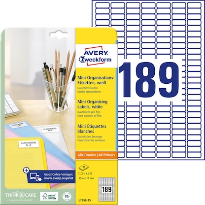 Artikelbild für 4.725 AVERY Zweckform Etiketten L7658-25 weiß 25,4 x 10,0 mm, Artikelnummer 574335