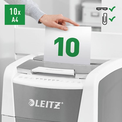 Artikelbild 15 für AKTION: LEITZ IQ Autofeed Small Office 300 Aktenvernichter mit Partikelschnitt P-4, 4 x 26 mm, bis 300 Blatt, weiß mit 75 Euro CashBack, Artikelnummer 267324