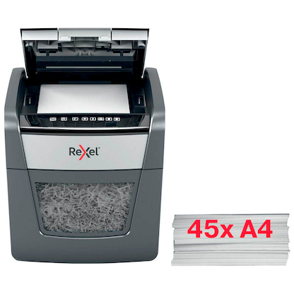 Artikelbild 19 für AKTION: Rexel Optimum AutoFeed+ 45X Aktenvernichter mit Partikelschnitt P-4, 4 x 28 mm, bis 45 Blatt, schwarz, Artikelnummer 495091