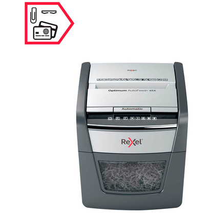 Artikelbild 20 für AKTION: Rexel Optimum AutoFeed+ 45X Aktenvernichter mit Partikelschnitt P-4, 4 x 28 mm, bis 45 Blatt, schwarz, Artikelnummer 495091