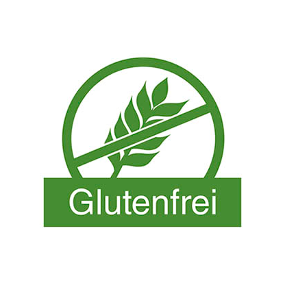 Symbol Glutenfrei: Weizenähre durchgestrichen, darunter grüner Schriftzug 