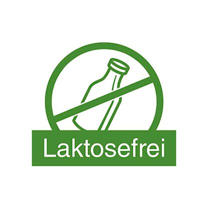 Symbol für Laktosefrei: Flasche durchgestrichen, darunter grüner Schriftzug 