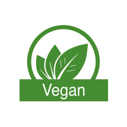 Symbol für vegane Produkte: drei grüne Blätter in einem Kreis, darunter Schriftzug „Vegan“.