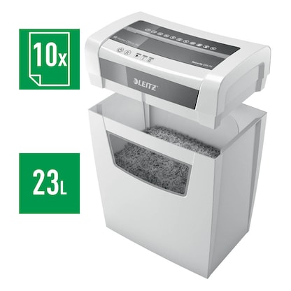 Artikelbild 10 für AKTION: LEITZ IQ Home Office Aktenvernichter mit Partikelschnitt P-4, 4 x 28 mm, bis 10 Blatt, weiß mit 10 Euro CashBack, Artikelnummer 638039