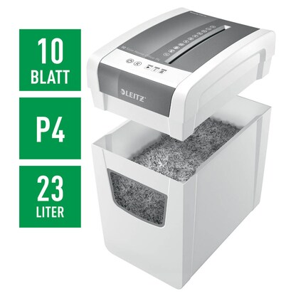 Artikelbild 9 für LEITZ IQ Home Office Slim Aktenvernichter mit Partikelschnitt P-4, 4 x 28 mm, bis 10 Blatt, weiß, Artikelnummer 638041