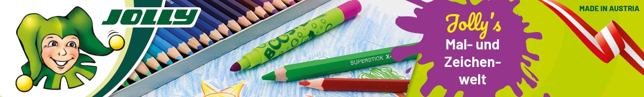 Jolly Logo mit grünem Frosch und Buntstifte auf Mal- und Zeichenwelt-Hintergrund, Made in Austria