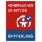 Verbraucherschutz.de Empfehlung – Siegel red-blue mit Symbol für geprüfte Dienstleistung.