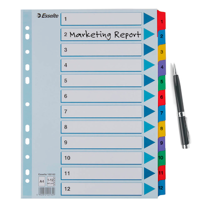 Artikelbild 2 für Esselte Ordnerregister DIN A4 Vollformat 1-12 farbig 12-teilig, 1 Satz, Artikelnummer 352831