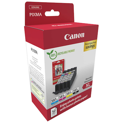 Artikelbild 2 für Canon CLI-581XL BK/C/M/Y schwarz, cyan, magenta, gelb Druckerpatronen + Fotopapier, 4er-Set, Artikelnummer 209258