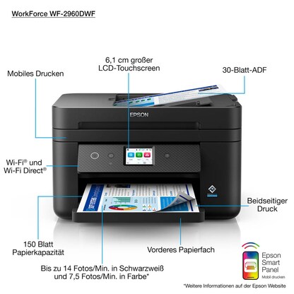 Artikelbild 2 für AKTION: EPSON WorkForce WF-2960DWF 4 in 1 Tintenstrahl-Multifunktionsdrucker schwarz mit 25 Euro CashBack, Artikelnummer 818201