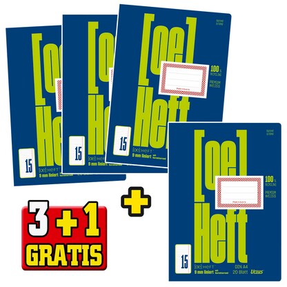 Artikelbild 7 für 3 + 1 GRATIS: 3 Ursus Schulhefte OE Recycling Lineatur 15 liniert DIN A4 Korrekturrand, 20 Blatt + GRATIS 1 St., Artikelnummer 170508