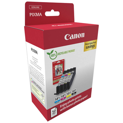 Artikelbild 2 für Canon CLI-581 BK/C/M/Y schwarz, cyan, magenta, gelb Druckerpatronen + Fotopapier, 4er-Set, Artikelnummer 209279